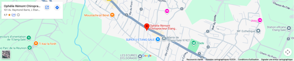 Plan d'accès au cabinet de chiropraxie situé Avenue Raymond Barre, L'Étang-Salé-Les-Hauts, La Réunion.