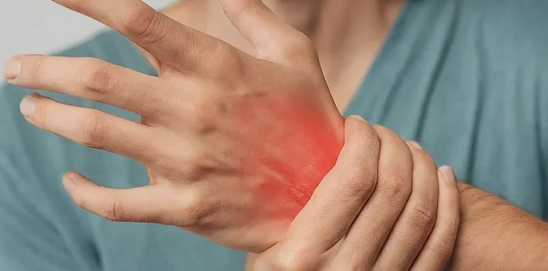 Patient se tenant la main douloureuse et le poignet pour illustrer les premiers symptômes du syndrome du canal carpien.
